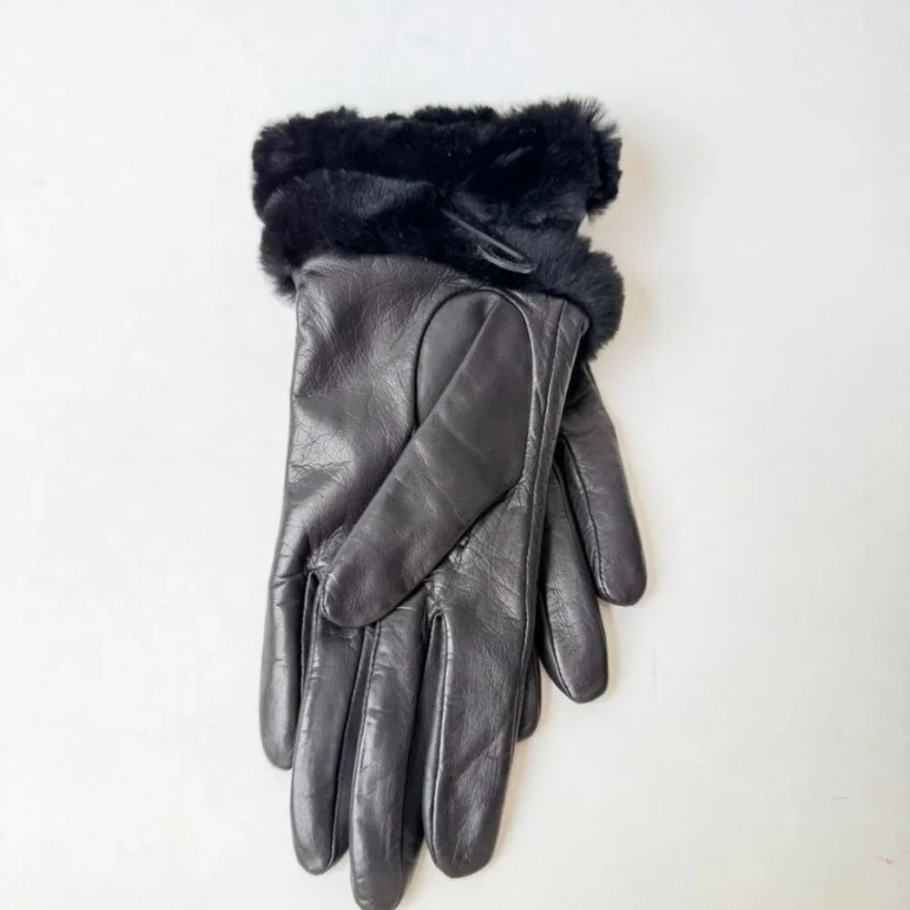 UGG Women’s Leather Vent Gloves Black Fur Cuff - Size M